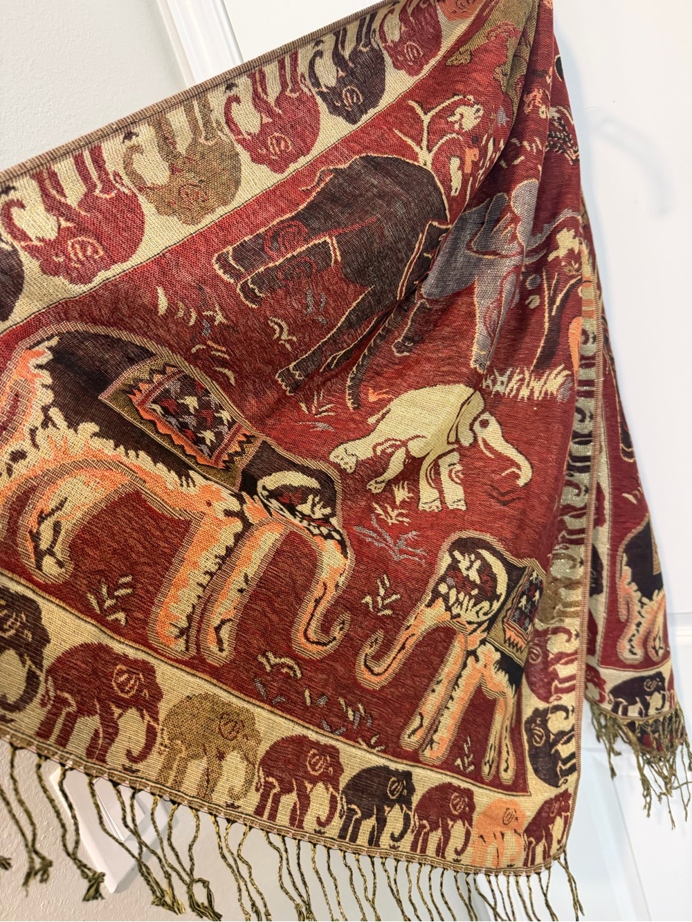 Burgundy Orange Gold Black 100% Pashmina Elephant Print Oversized Wrap Scarf